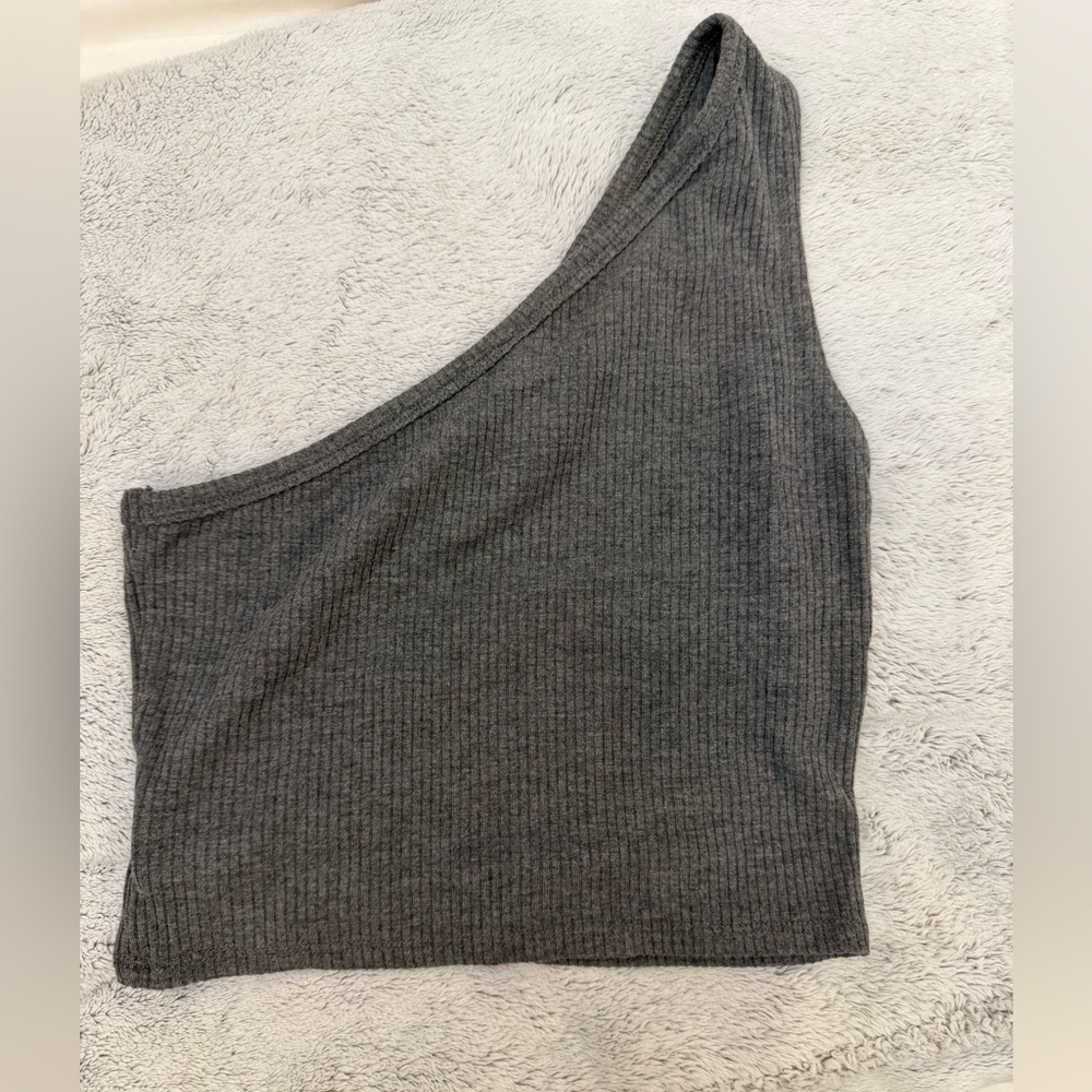 Emma & Sam Charcoal Ribbed One-Shoulder Crop Top - Picture 2 of 3